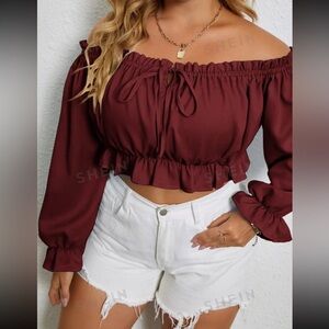 SHEIN Privé Plus Bardot Frill Trim Flounce Sleeve Crop Top